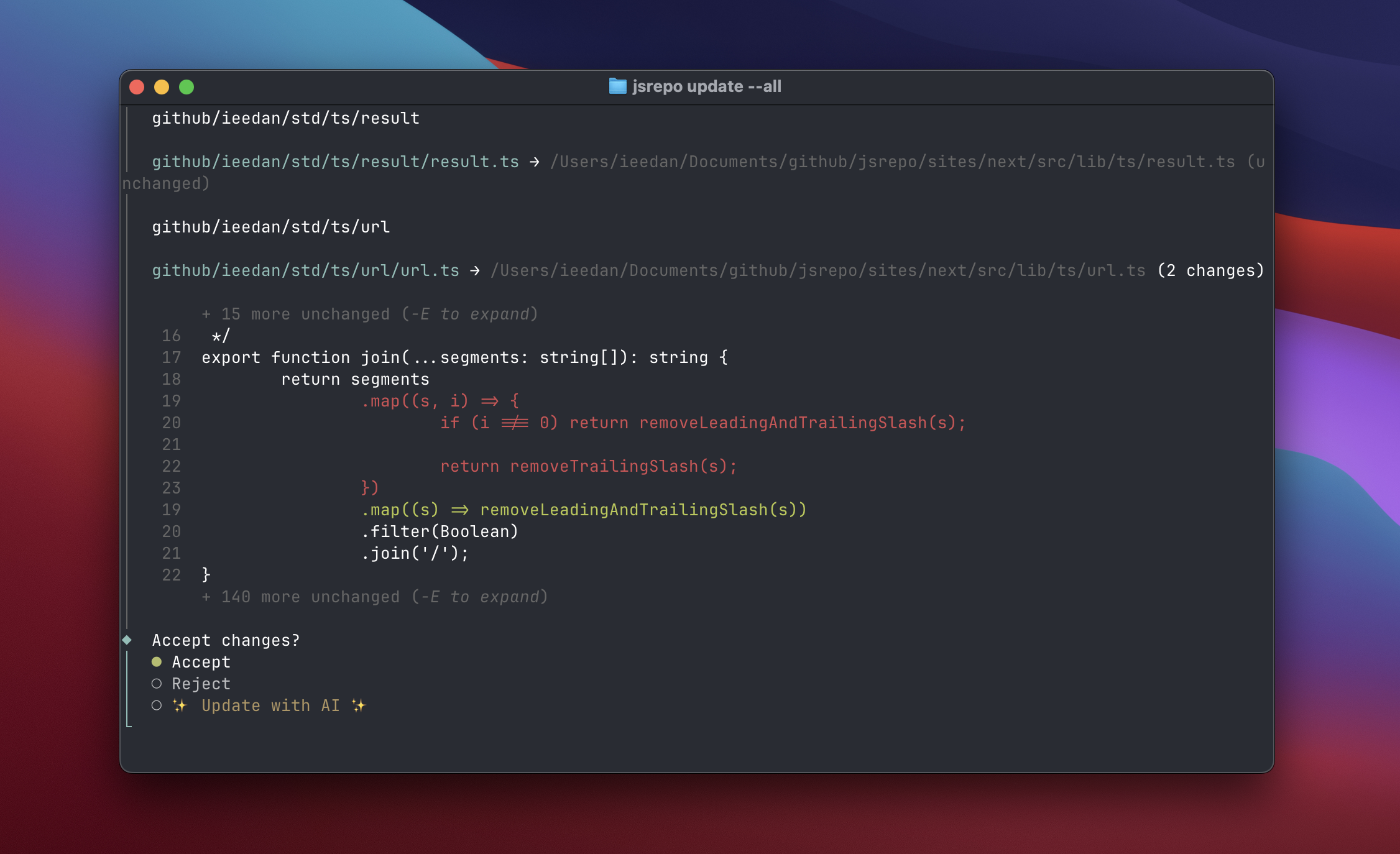 The jsrepo update command diff tool